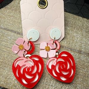 Floral Heart Drop Earrings - Red and Pink